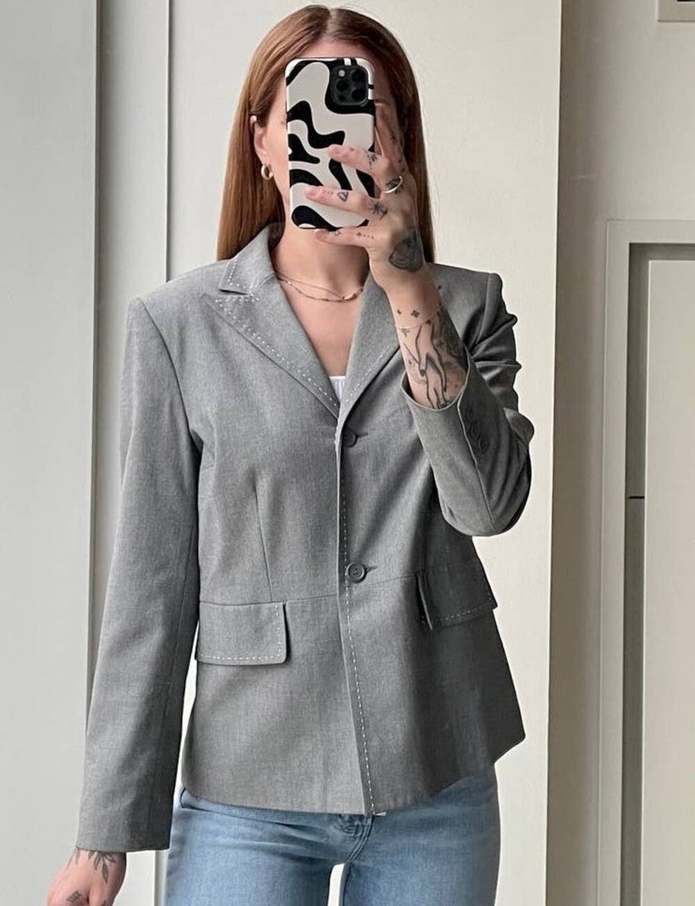 y2k Worthington Blazer Jacket Womens 6P Gray Stitch Trim Preppy Retro Academia